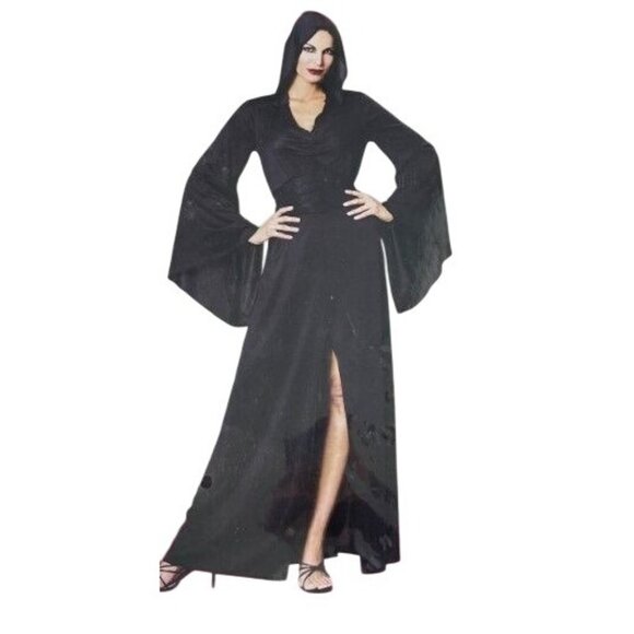 Sexy Sorceress Costume One Size PMG Halloween Hooded Robe Waist Tie Black NEW - Picture 1 of 8